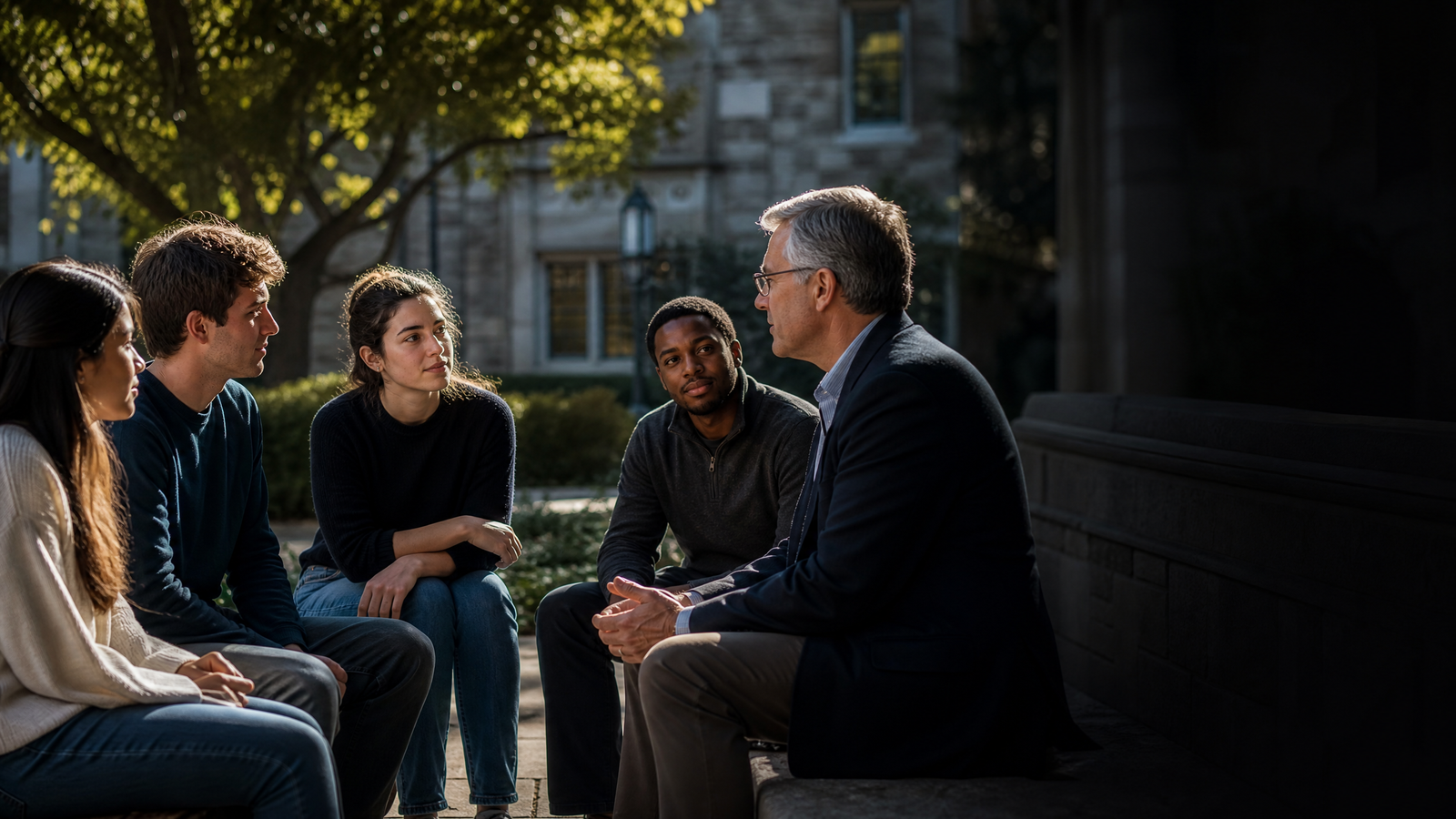 Experienced mentor speaking with emerging leaders outdoors